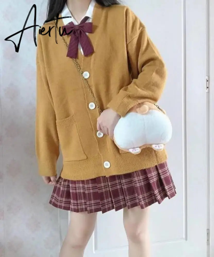Aiertu Japanese style sweater spring autumn V-neck cotton knitted sweater JK uniform cardigan multicolor Cosplay women's wear Aiertu