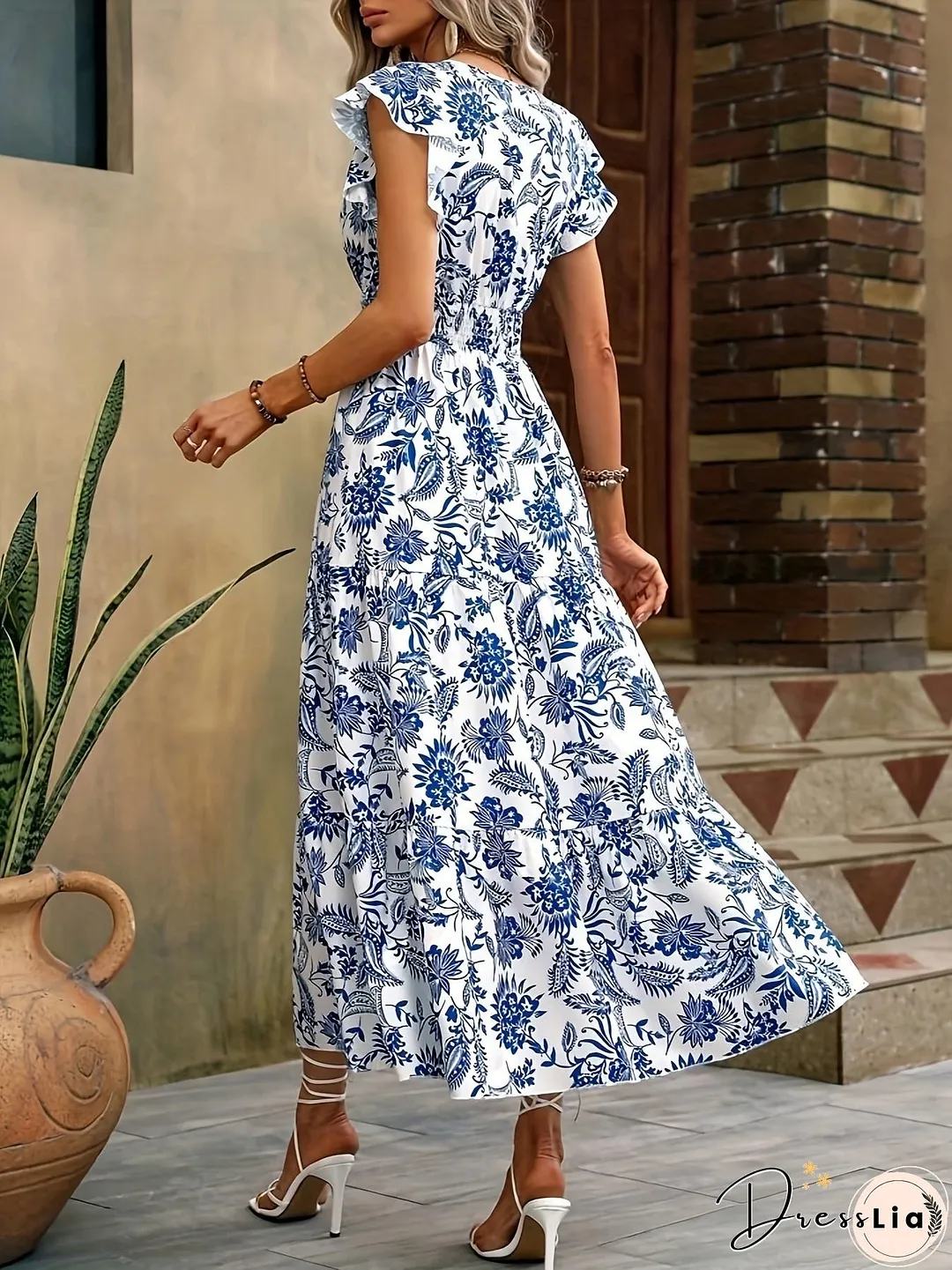 Allover Print Shirred Waist Dress For Spring Summer Womens Clothing