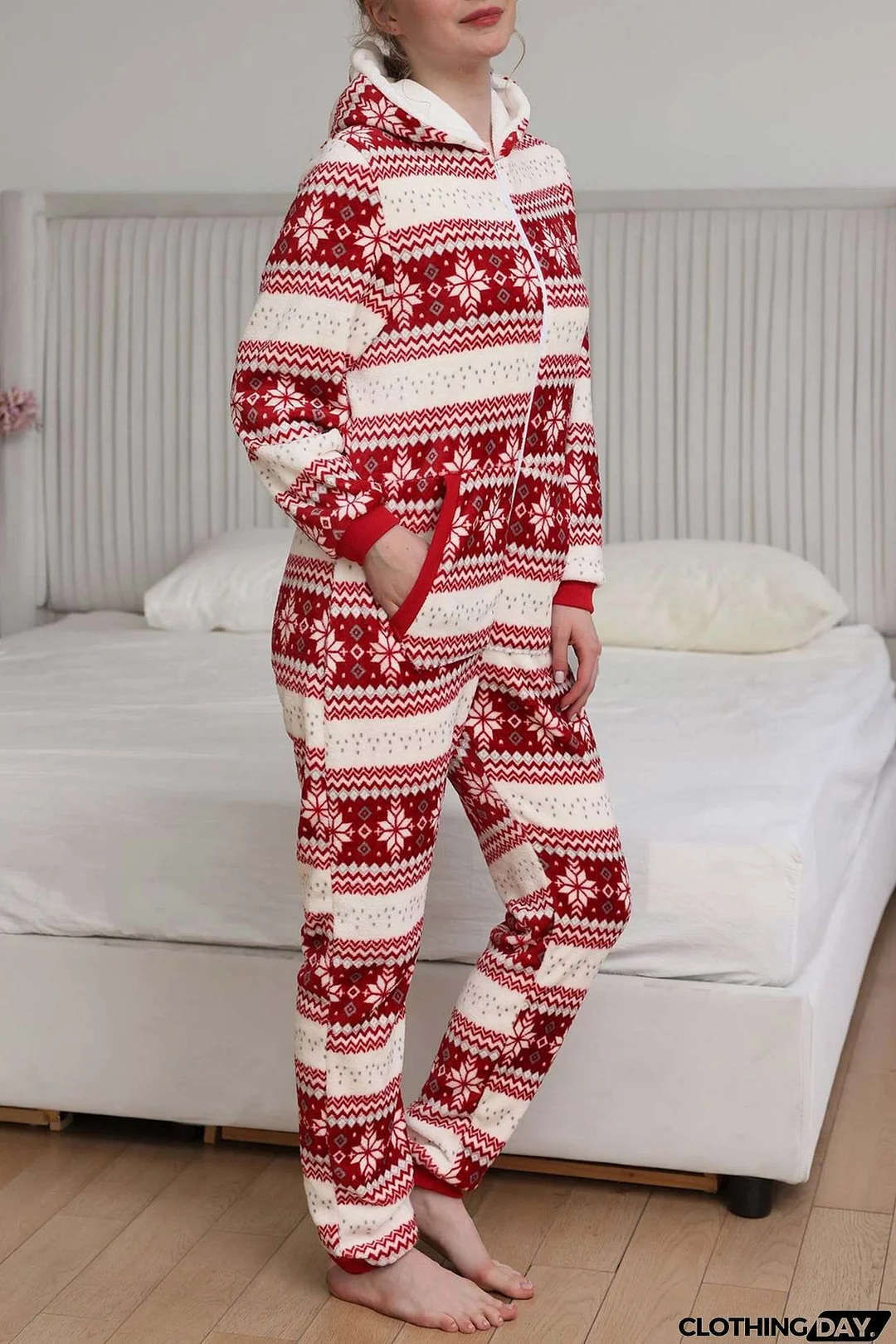 Christmas Printed Zipper Hooded Jumpsuits