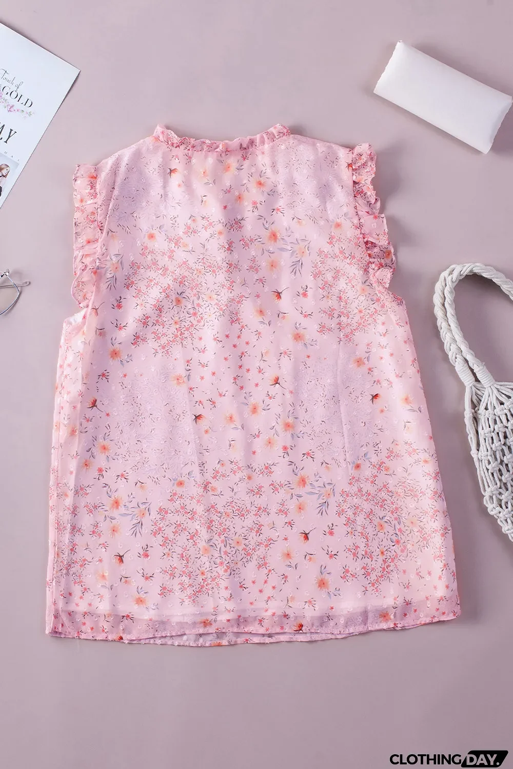 Pink Floral Print Drawstring Frill Trim Sleeveless Top