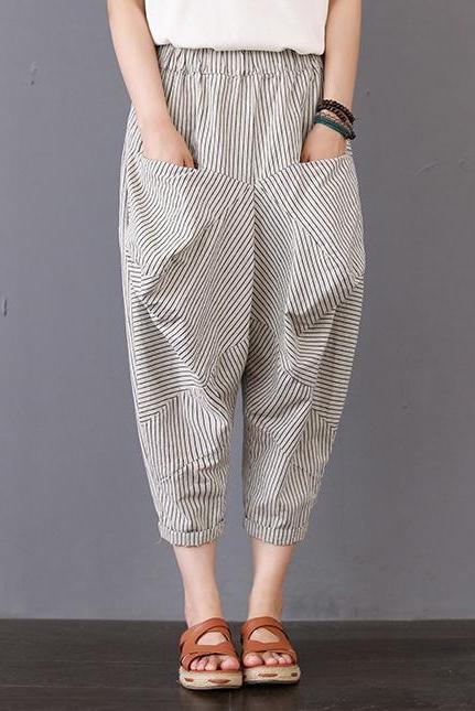 Loose Striped Cotton Linen Pants Women Casual Trousers K4030