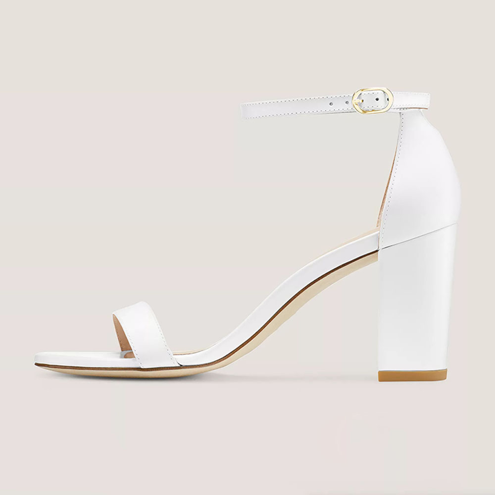 White Vegan Leather Round Toe 3'' Chunky Heel Ankle Strap Sandals Nicepairs