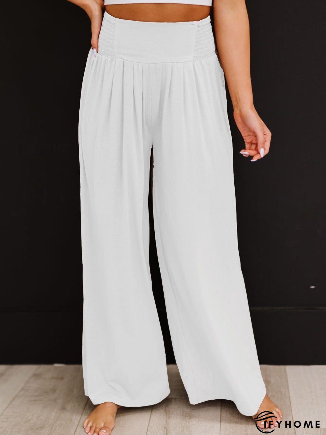 Women's Pants Casual Solid Elastic High Waist Wide Leg Pants | IFYHOME