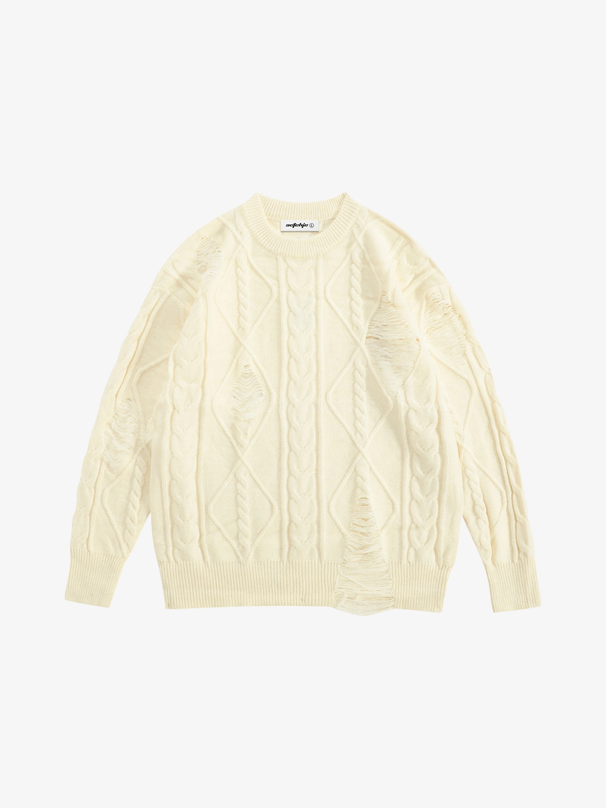 Apricot Act Chic Solid Color Distressed Cable Knit Sweater Front
