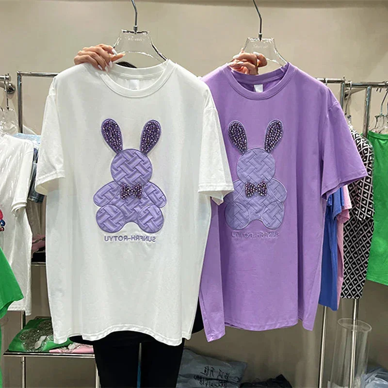 Tlbang Pure Cotton Purple Crystal Diamonds Rabbit Embroidery Cute T Shirts Kawaii Women Girls Loose Casual Tops Korean Fashion