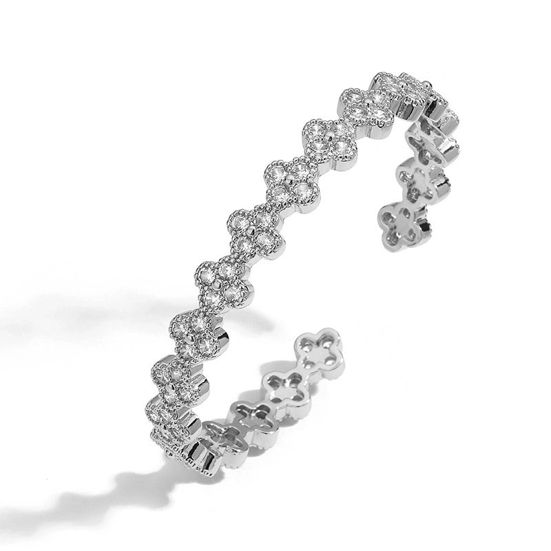 Affordable Luxury Fashion Copper Inlaid Color Diamond Clover Open Adjustable Bracelet Female Niche High Sense Flower Petals Bracelet
