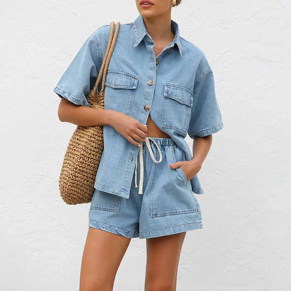 Retro Casual Loose Pockets Short Sleeved Shirt Shorts Denim Two Piece Sets