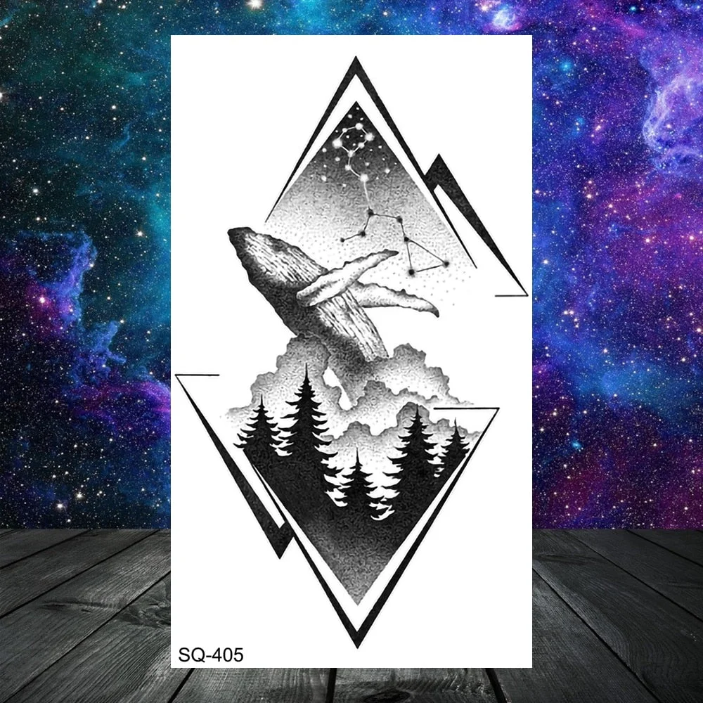 3D Geometry Mountain Sea Temporary Tattoos For Women Adult Men Kids Girl Sun Forest Eyes Fake Tattoo Neck Arm Hands Small Tatoos