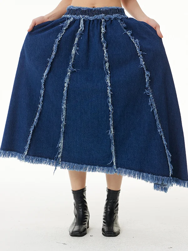 Stylish Patchwork Solid Color Denim Loose Skirt