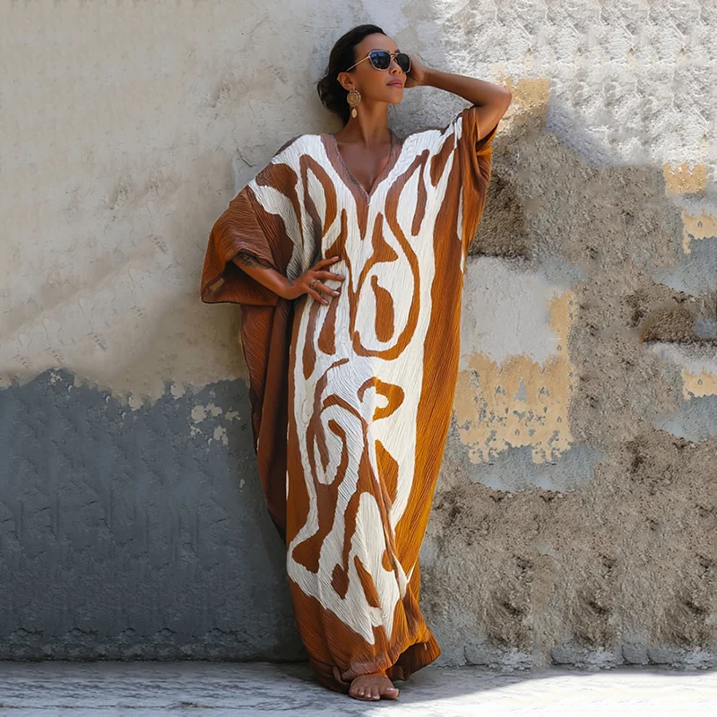 Nomad Spirit Ladies' Summer Line Art Sapphire Breeze Linen V-neck Long Kaftan