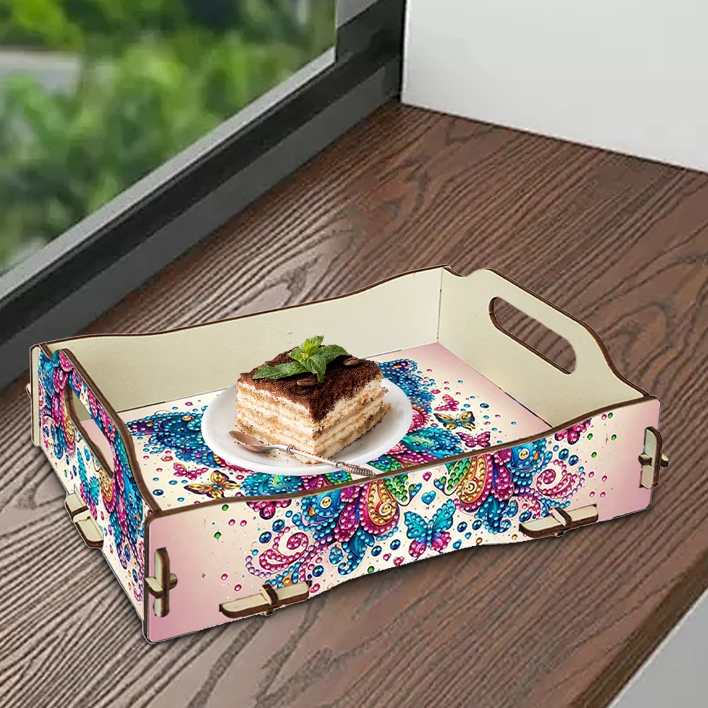 5D DIY Butterfly Diamond Painting Serving Tray with Handle for Coffee Table
