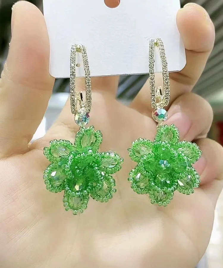 Handmade Green Copper Overgild Crystal Floral Drop Earrings