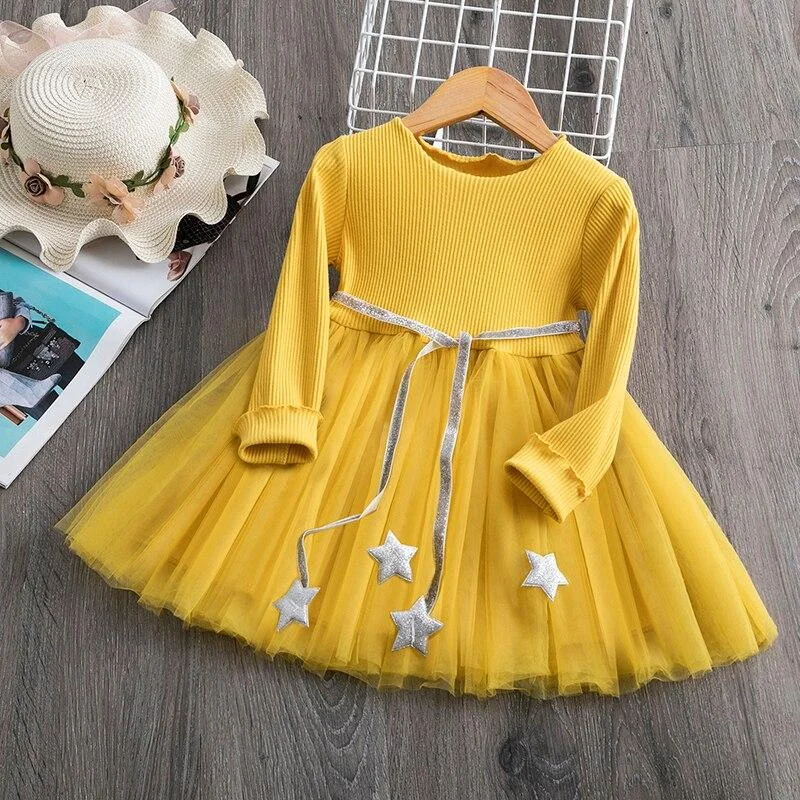 2021 Winter Long Sleeves Girls Dress Flower Design Princess Dress Casual Wear Daily School Home Party Dress Children's Clothing