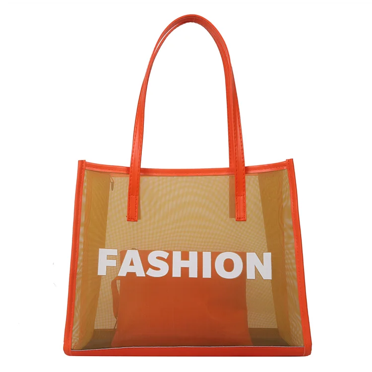 Women Beach Bag 2pcs Mesh Tote Bag PU Girls Handbag Shopping Bags (Orange)