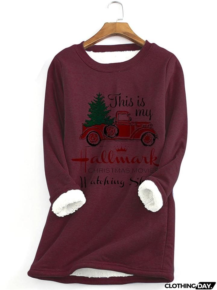 Warm Thick Faux Fleece Lining Christmas Car Print Sweatshirt