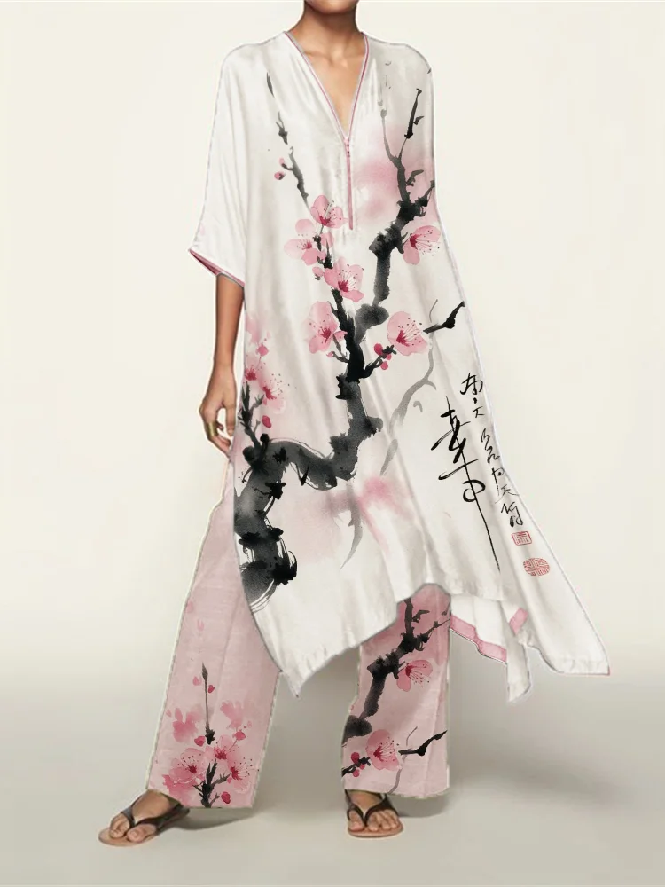 Japanese Cherry Blossom Ink Art Flowy Kaftan & Pants Set