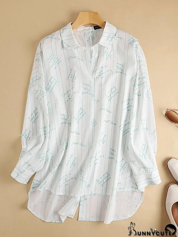 Letters Print Button Back Long Sleeve Lapel Blouse