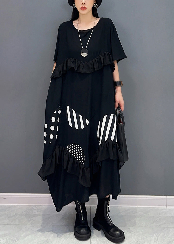 VCSHOES Loose Black Ruffled Print Cotton Long Dresses Summer
