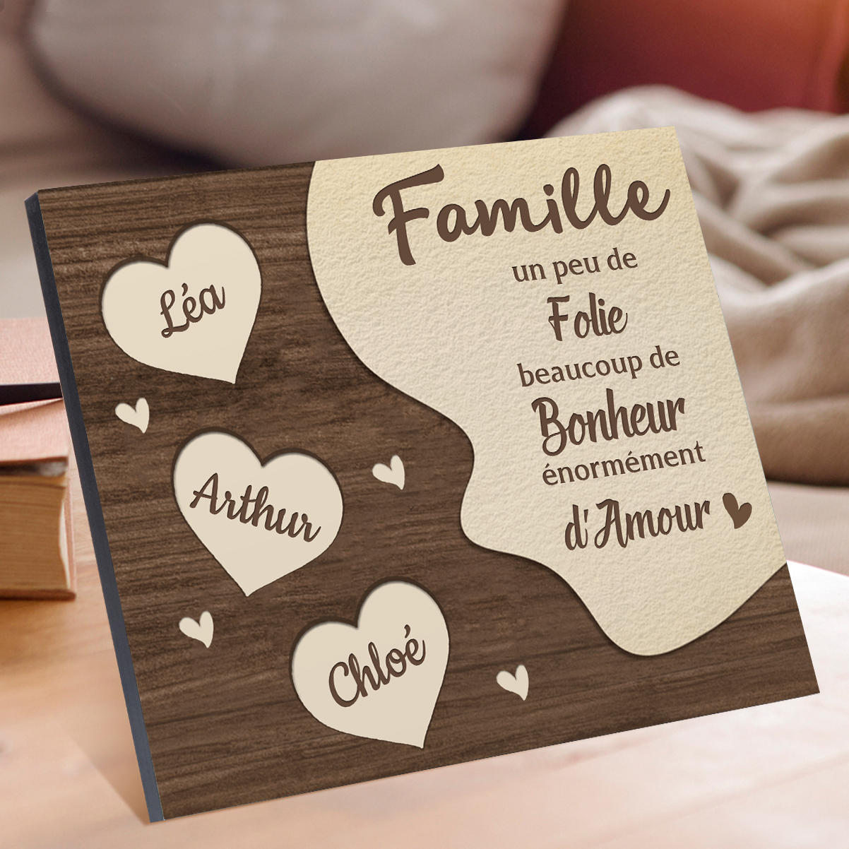 Cadre en Bois Cœur 3 Prénoms Personnalisés pour Famille