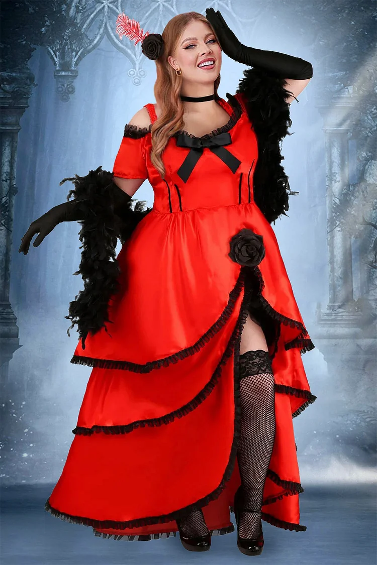 Xpluswear Design Plus Size Halloween Dress Red Short Sleeve Ruffle Tiered Asymmetrical Maxi Dress
