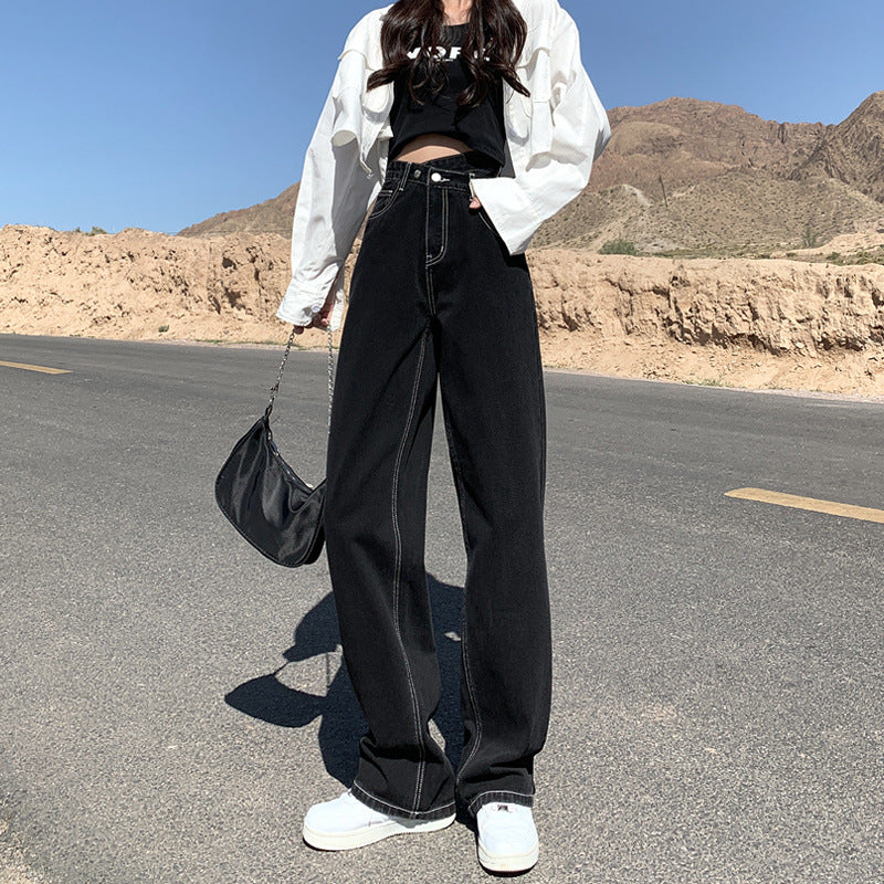 casual fall outfits Black Jeans Women's Straight Loose Spring and Autumn Slimming Mop High Waist Wide Leg Pants