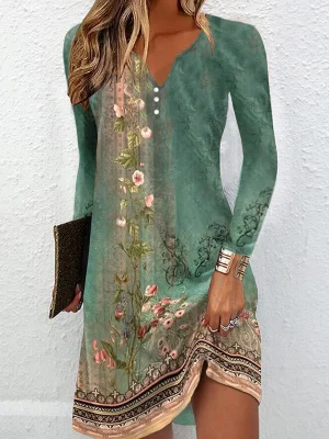 Image of Floral Printed Loose Long Sleeves V-Neck Mini Dresses