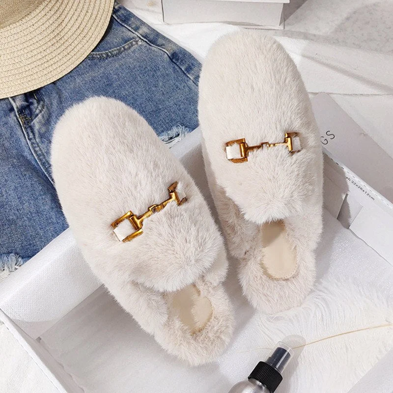 Women Mules Fur Slippers Home Winter Shoes Plush Female Fashion Warm Comfort Couple Flats Shoe Ladies Plus Size Elegant Luxury