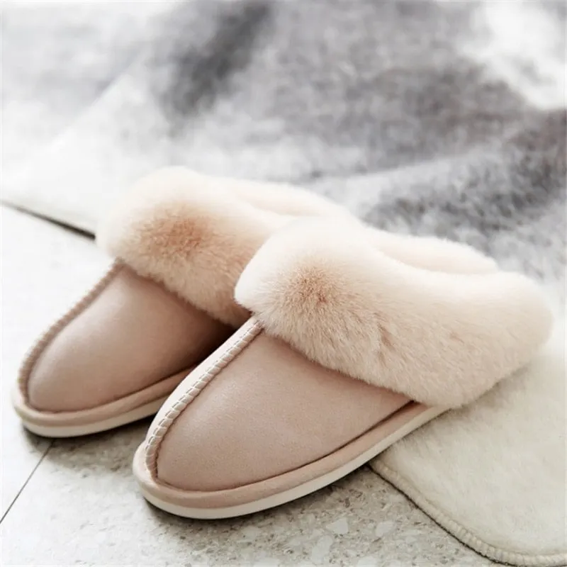 JIANBUDAN Plush warm Home flat slippers Flock soft comfortable winter slippers Men's Women's cotton shoes Indoor plush slippers