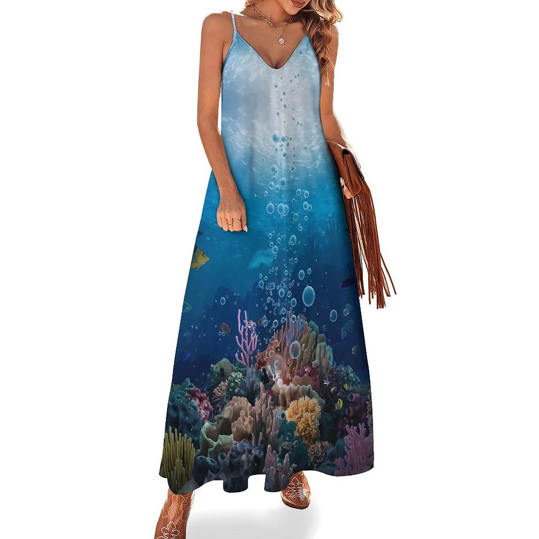 Style & Comfort for Mature Women Plus Size Printed Sling Casual Women Maxi Dress in Pattern Ocean, Blue, Sea, Fish