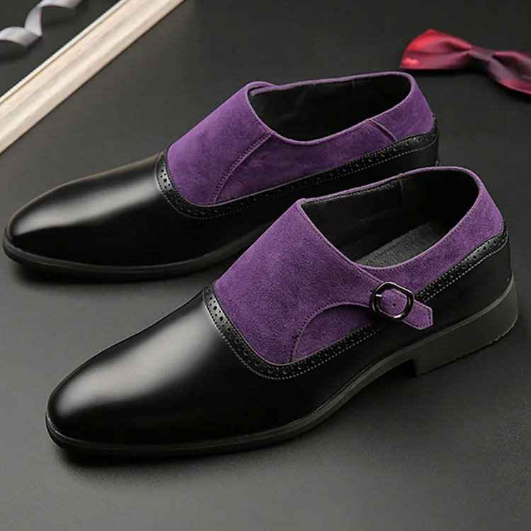 PU Suede Faux Leather Patchwork Buckle Pointy Toe Dress Shoes