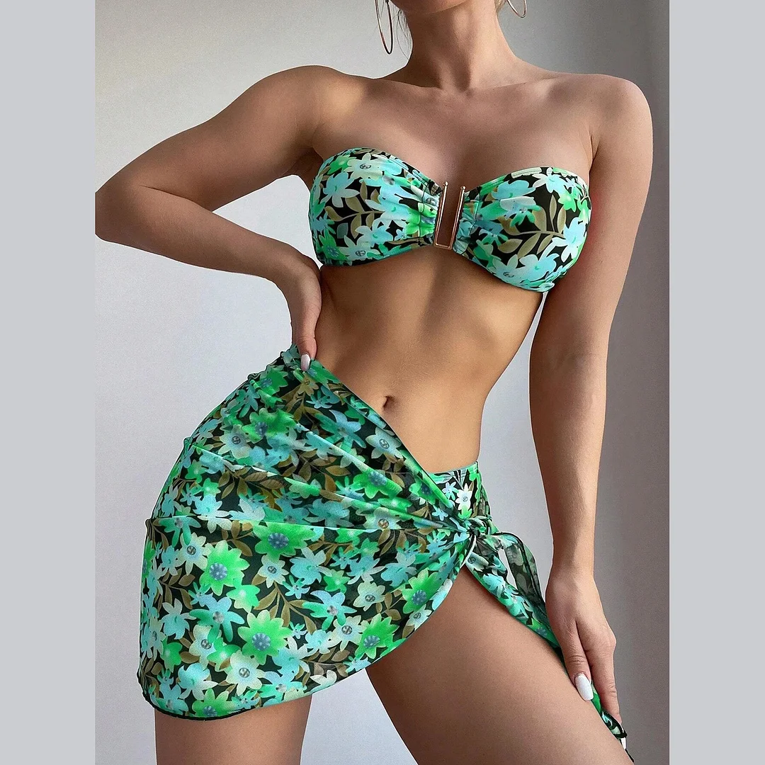Wongn Wongn Swimsuit Female Split Metal U Bikini BIKINI Three-Piece Print Swimsuit