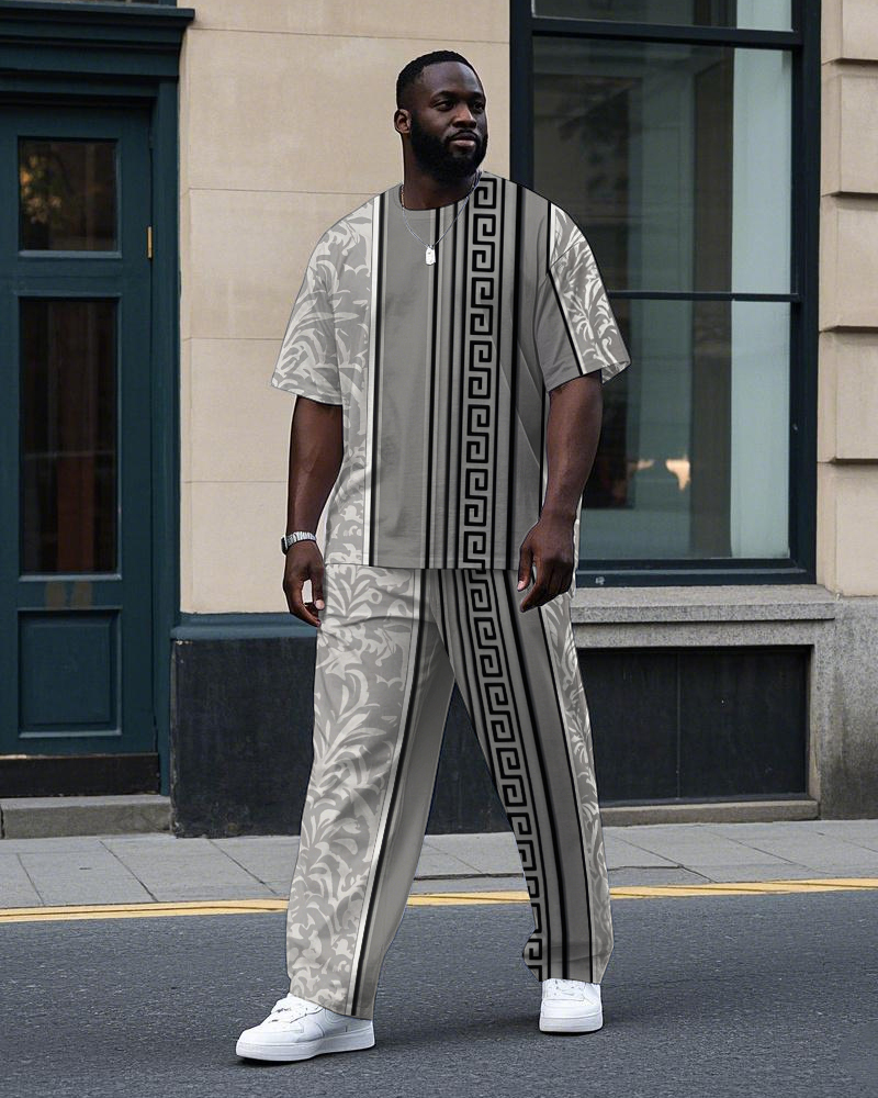Men's Big and Tall Artistic Retro Floral Geometric Pattern Printed Casual Short Sleeve T-shirt Pants Set