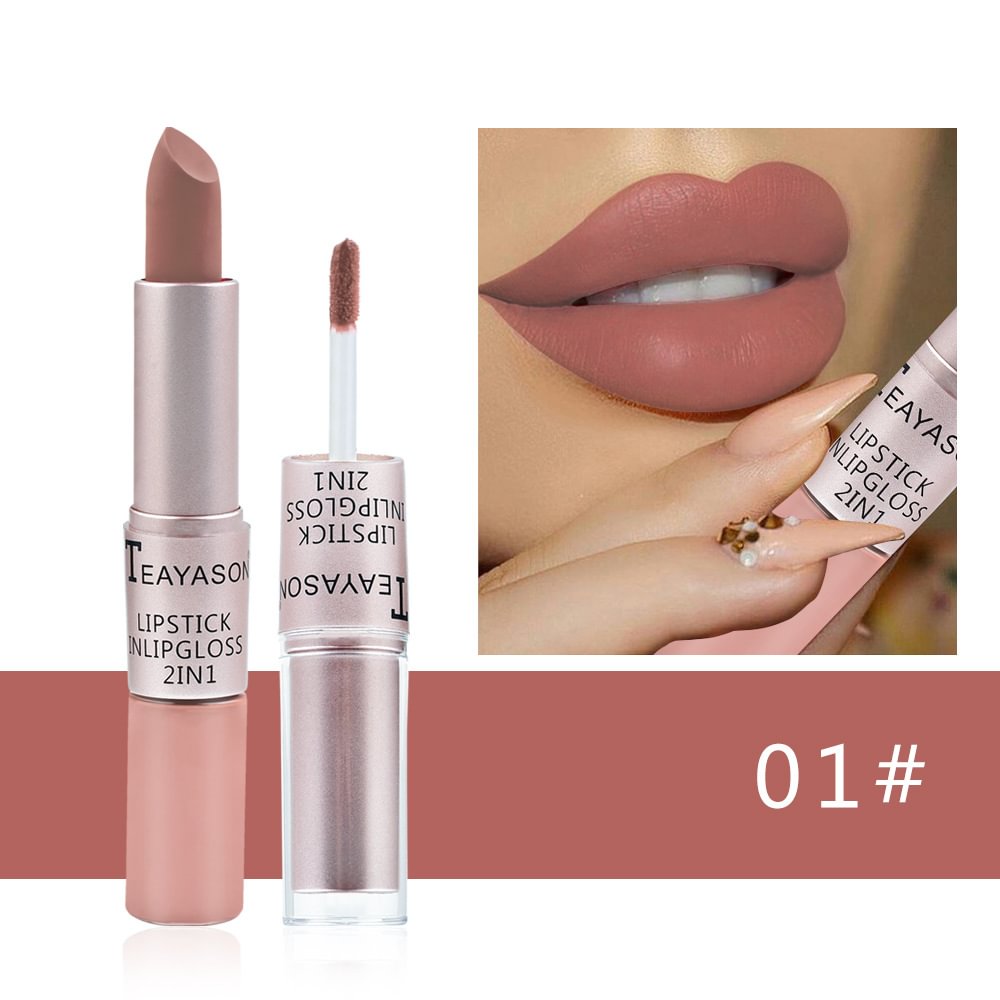 Shecustoms™ 2 in 1 Lipstick & Lip Gloss Matte Long Lasting Non Stick Smooth Nude Lip Tint 12 Colors 