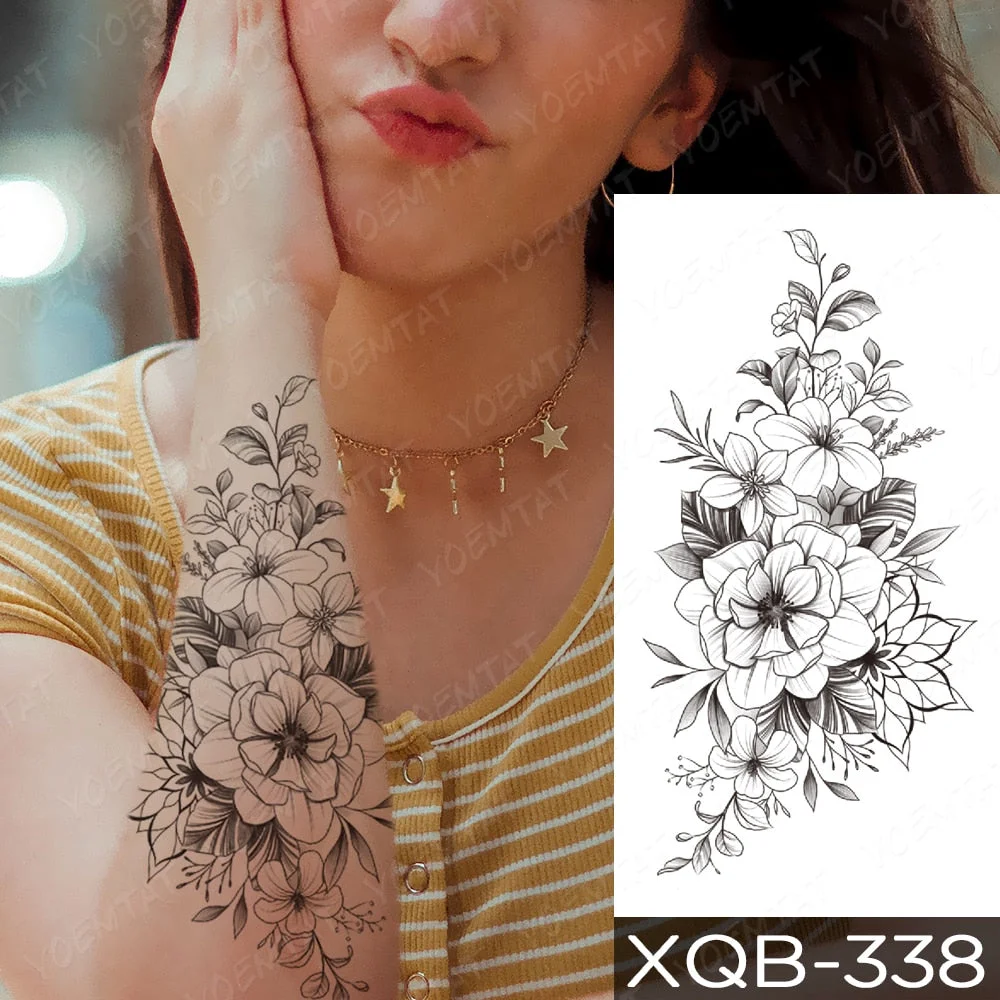 Waterproof Temporary Tattoo Sticker Orchid Flower Tattoos Peony Lotus Lines Painted Rose Body Art Arm Fake Sleeve Tatoo Women