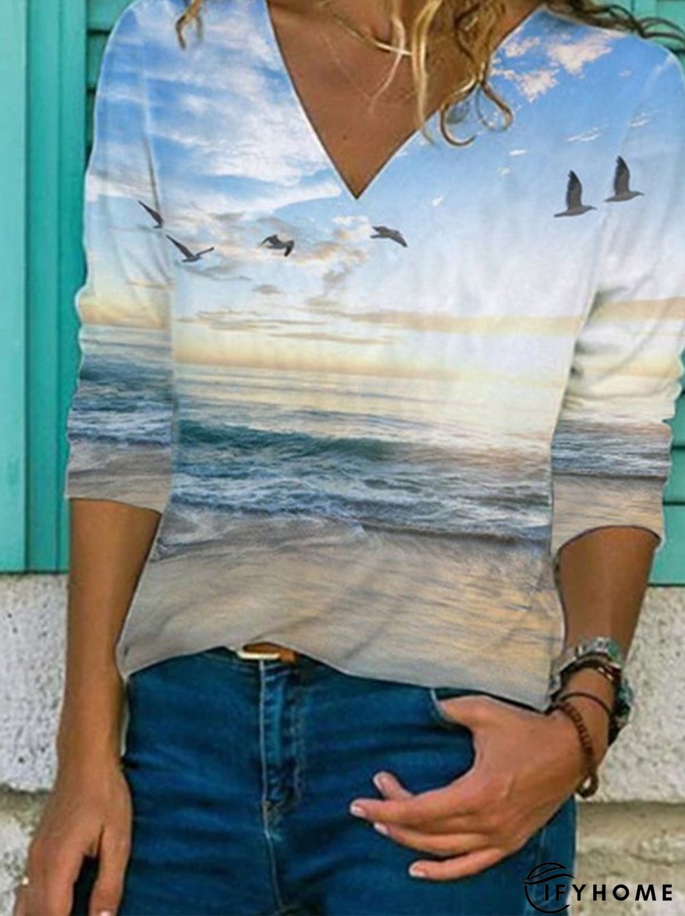V Neck Casual Landscape Print T-shirt | IFYHOME