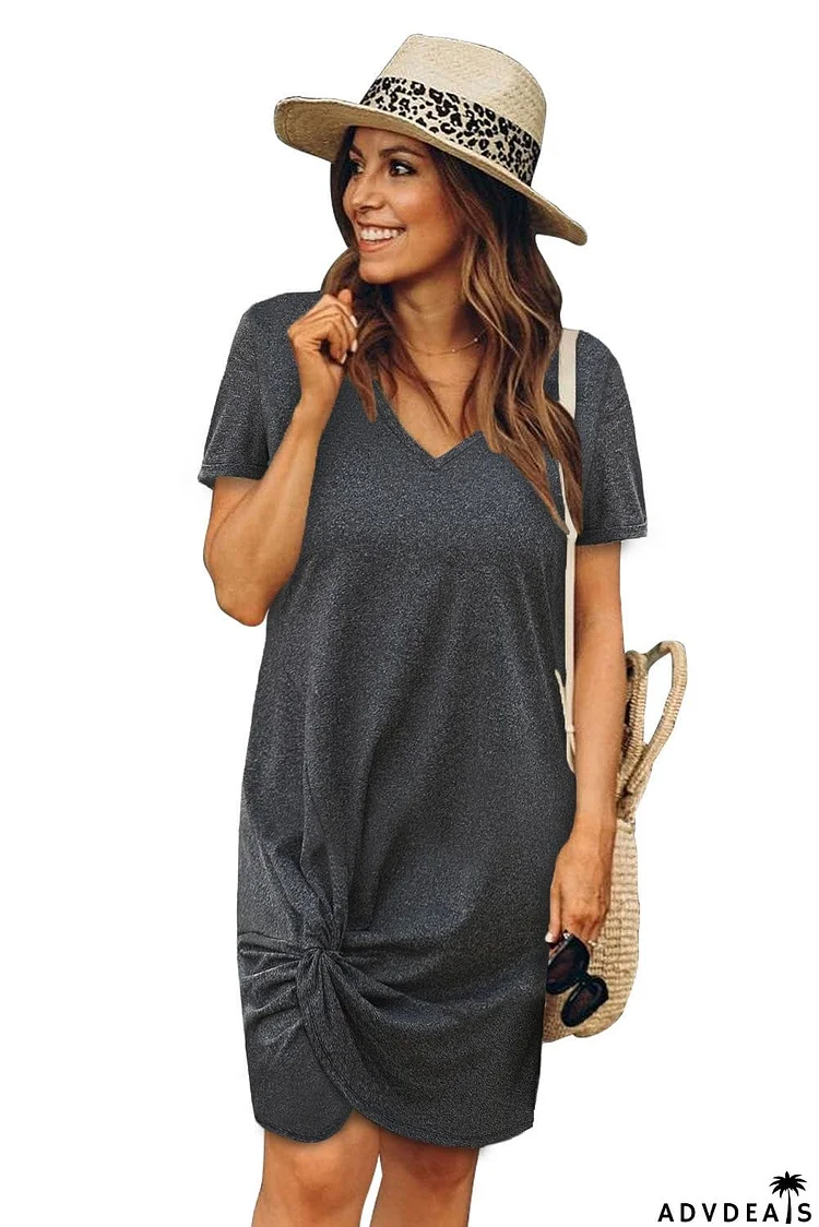 V Neck Twist Knot T-Shirt Short Dress