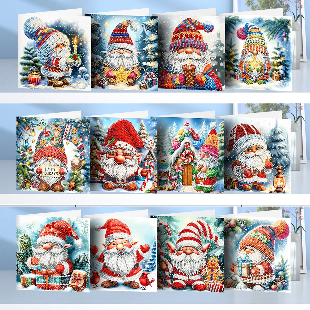12pcs DIY Christmas Santa Claus Special Shape Diamond Panting Greeting Card【With White Envelope】
