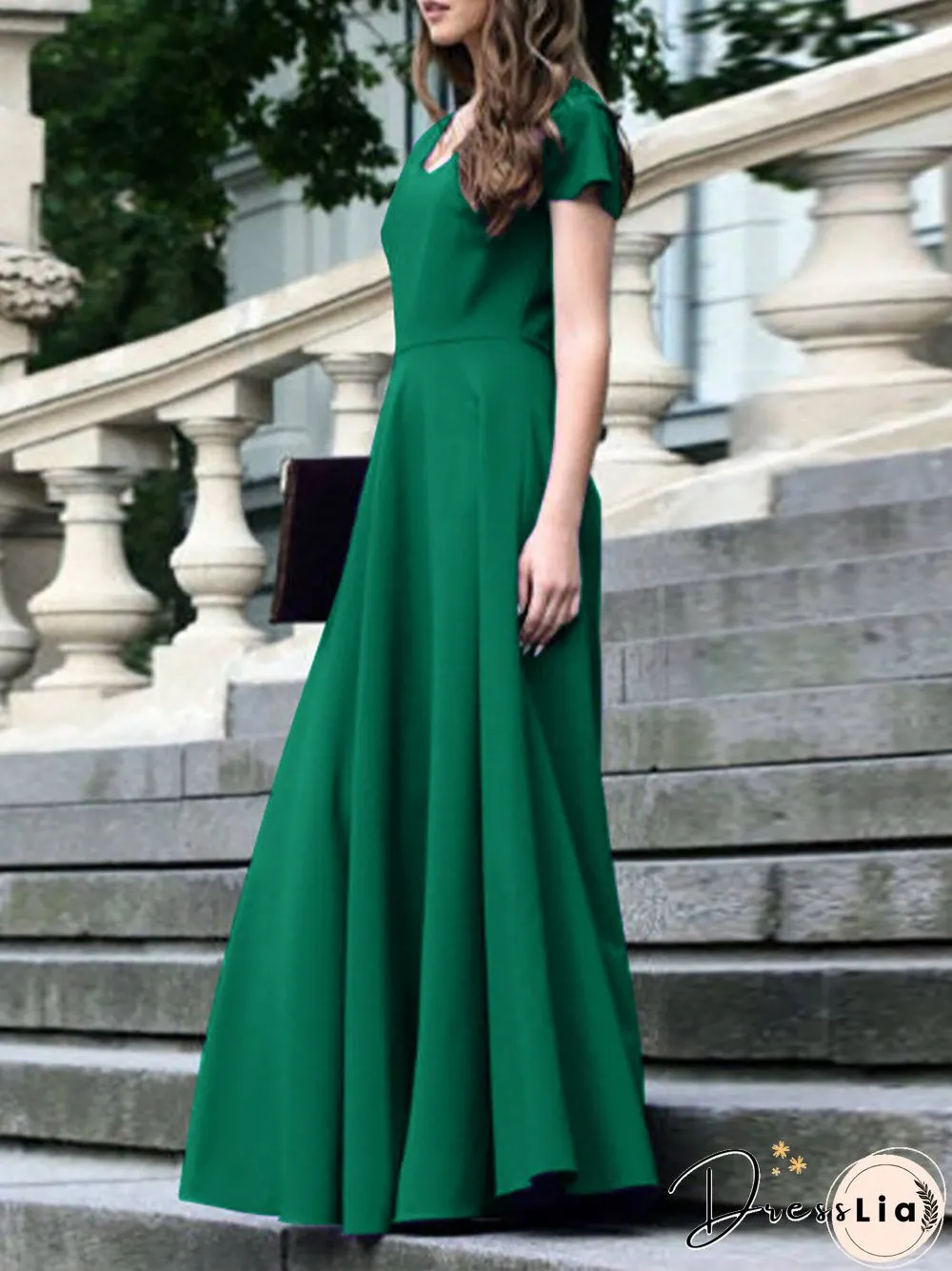 Women Solid Cap Sleeve V-neck Swing Maxi Dress