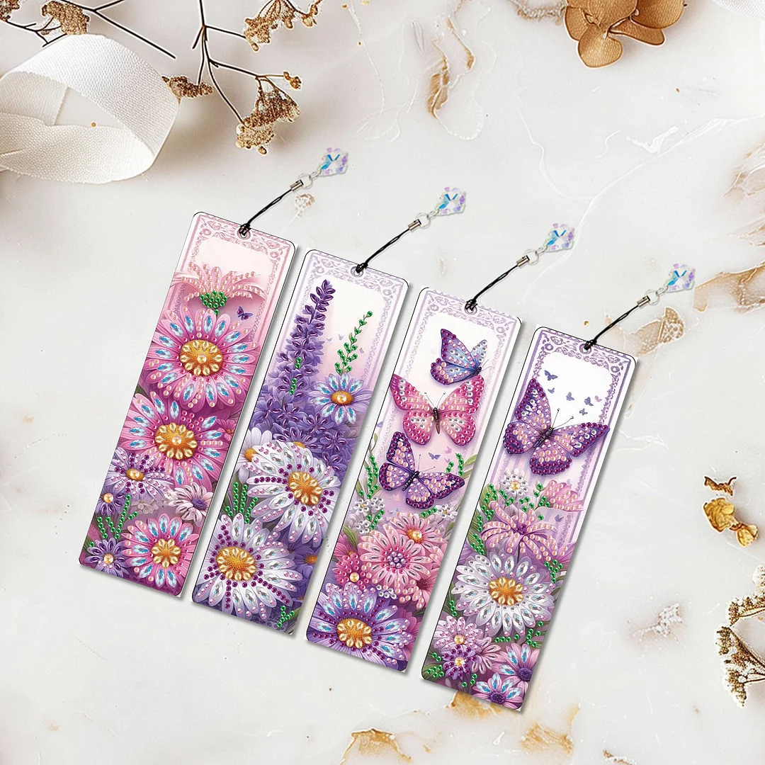 4Pcs Daisy and Butterfly DIY Diamond Bookmark Art Projects Irregular Shaped Diamonds Diamond Painting Art Bookmarks with Crystal Pendants for DIY Making Beginners Adult Art Craft Supplies