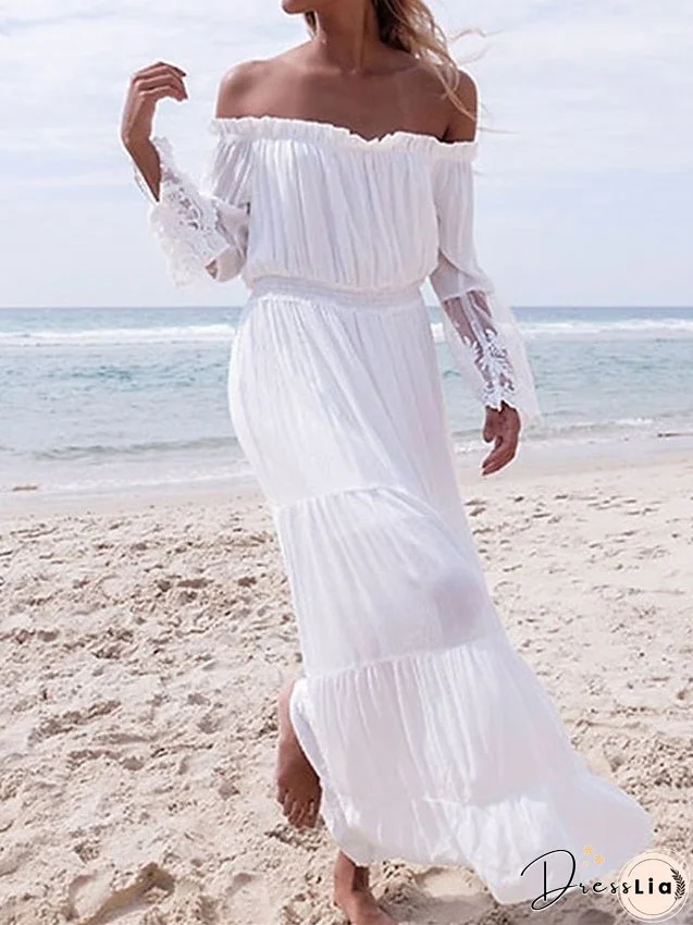 Cover Up Beach Dress Beach Wear Long Dress Maxi Dress Ruffle Patchwork Basic Fashion Plain Off Shoulder Long Sleeve Regular Fit Daily Vacation White Spring Summer S M L XL for Women