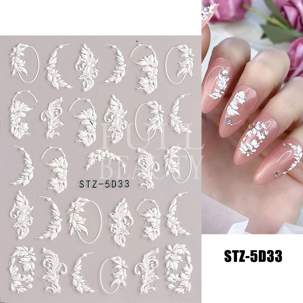 Churchf Nail Stickers Flowers Geometric Lines Decor Acrylic Embossed Sliders Gold Frame Nail Decals Cherry Blossom Manicure GLJI-5D05-Nail Inspo