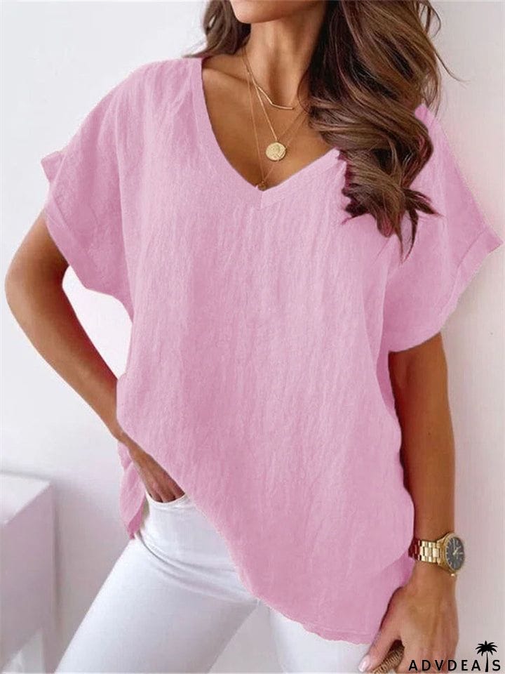 Women's V Neck Short Sleeve Cozy Cotton Linen T-shirt for Summer