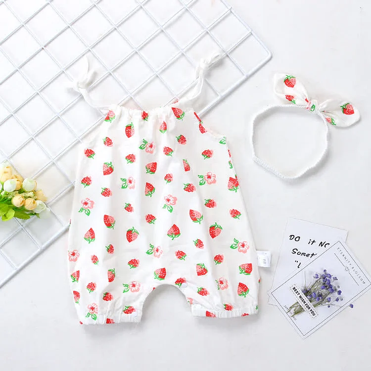 Baby Strawberry Sling Romper with Headband