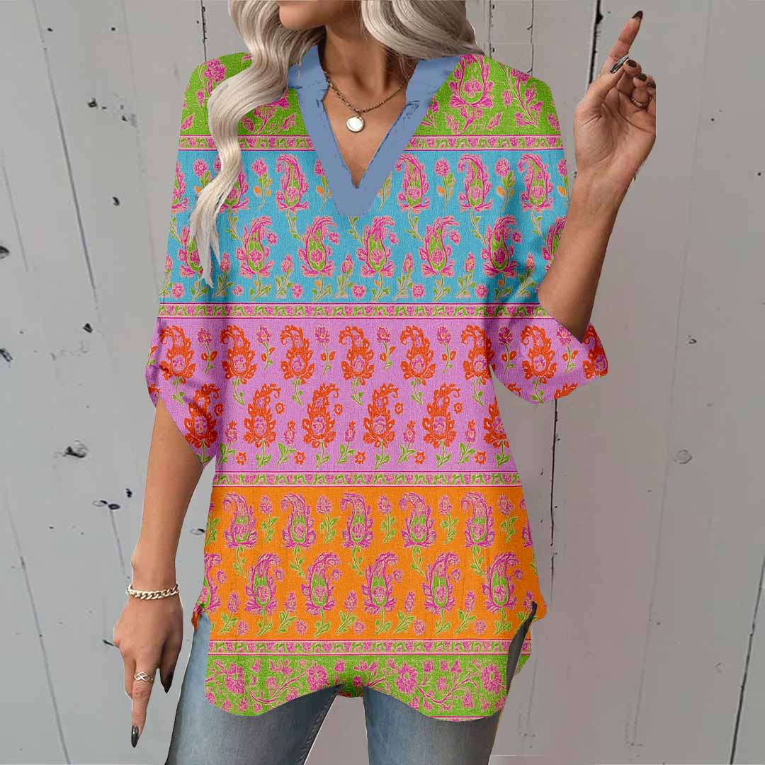 Women Floral, Stripes, Colorful DZGA0113 3/4 Sleeve V-neck Printed Graphic Button Tops