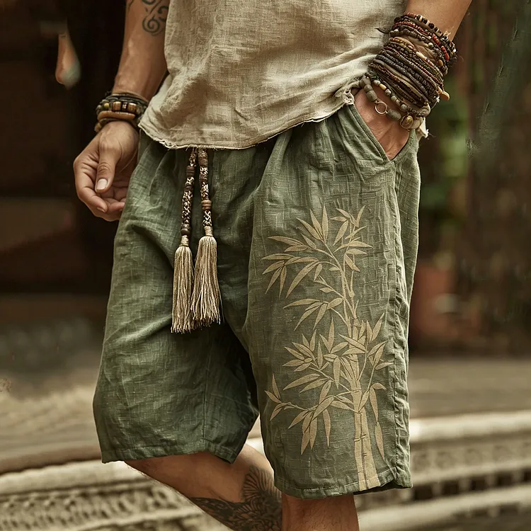 Japanese Bamboo Art Print Linen Blend Casual Shorts
