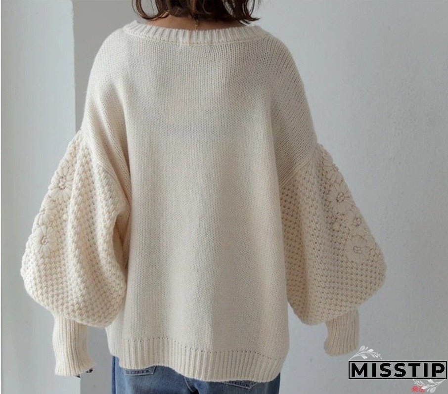 Thanksgiving Gift Vintage Daisy Embroidery Sweaters Women Korean Style Loose Lantern Sleeves Knit Pullovers Female Autumn Winter Thick Warm Jumper