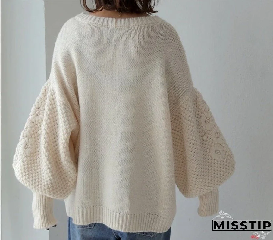 Thanksgiving Gift Vintage Daisy Embroidery Sweaters Women Korean Style Loose Lantern Sleeves Knit Pullovers Female Autumn Winter Thick Warm Jumper