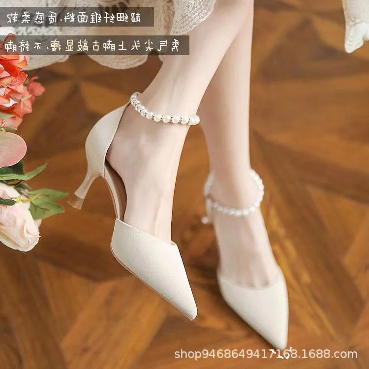 Breakj Breakj Wind High Heels Women's Fine Heel 2023 Autumn New Hollow Single Shoes Small Fresh Pearl Fairy Wind Bag Head Sandals