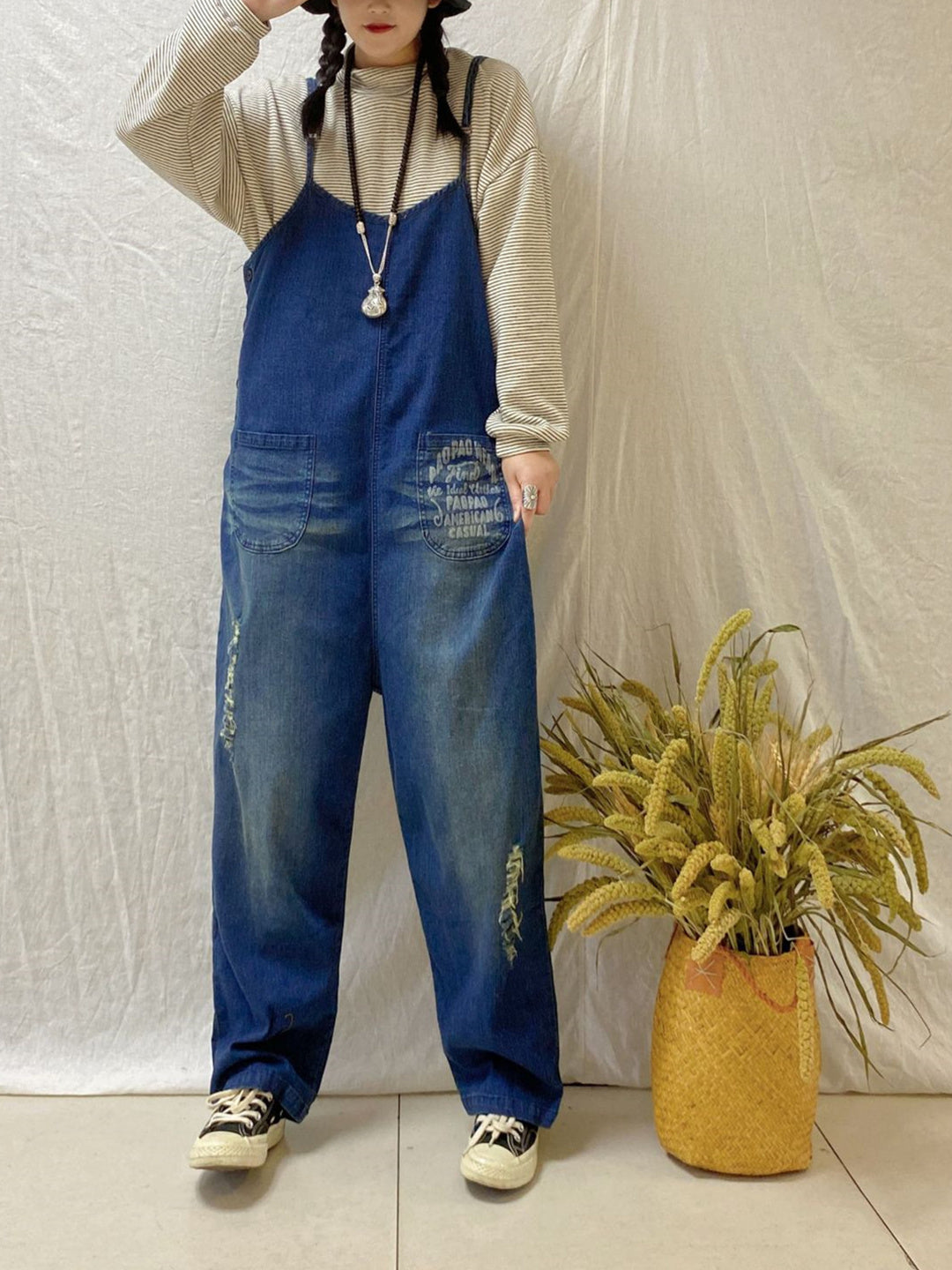 Women's Casual Retro Cropped Workwear Denim Overalls Jumpsuit