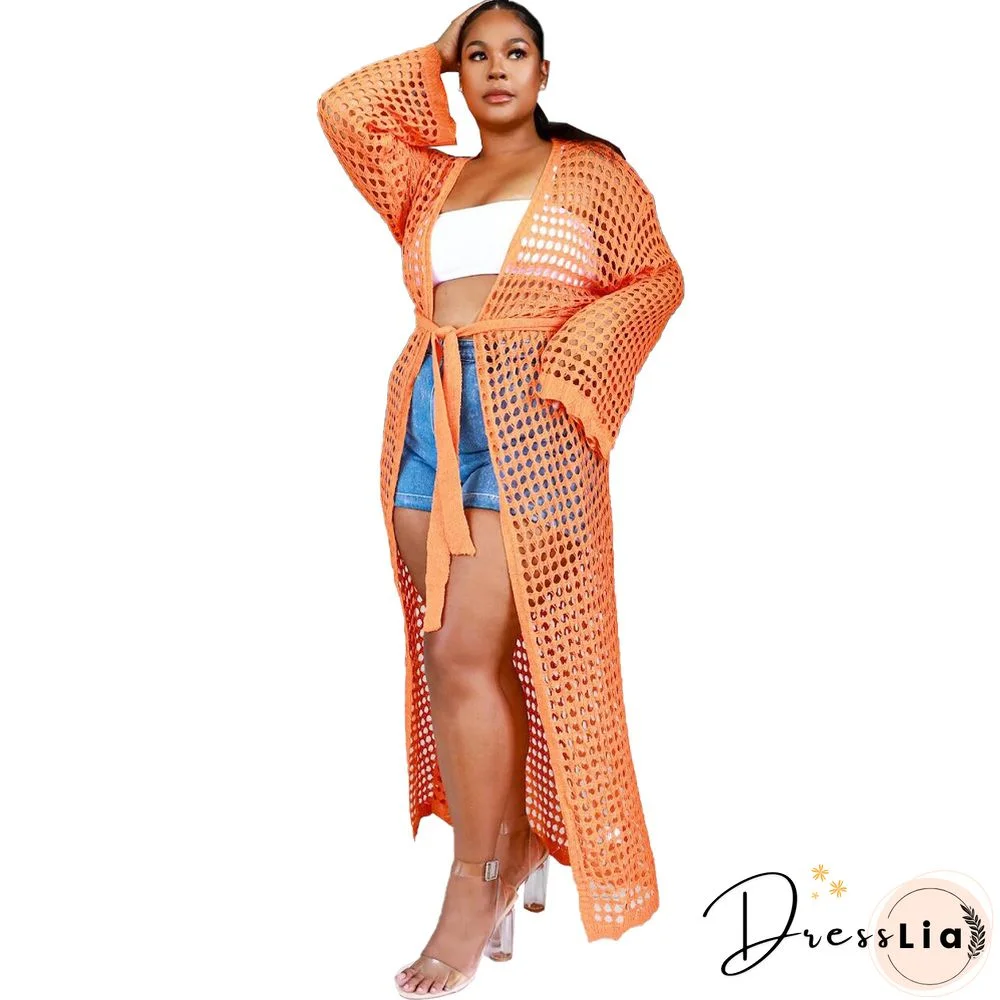Beachwear Long Sleeve Mesh Grid Cardigan Cover-ups